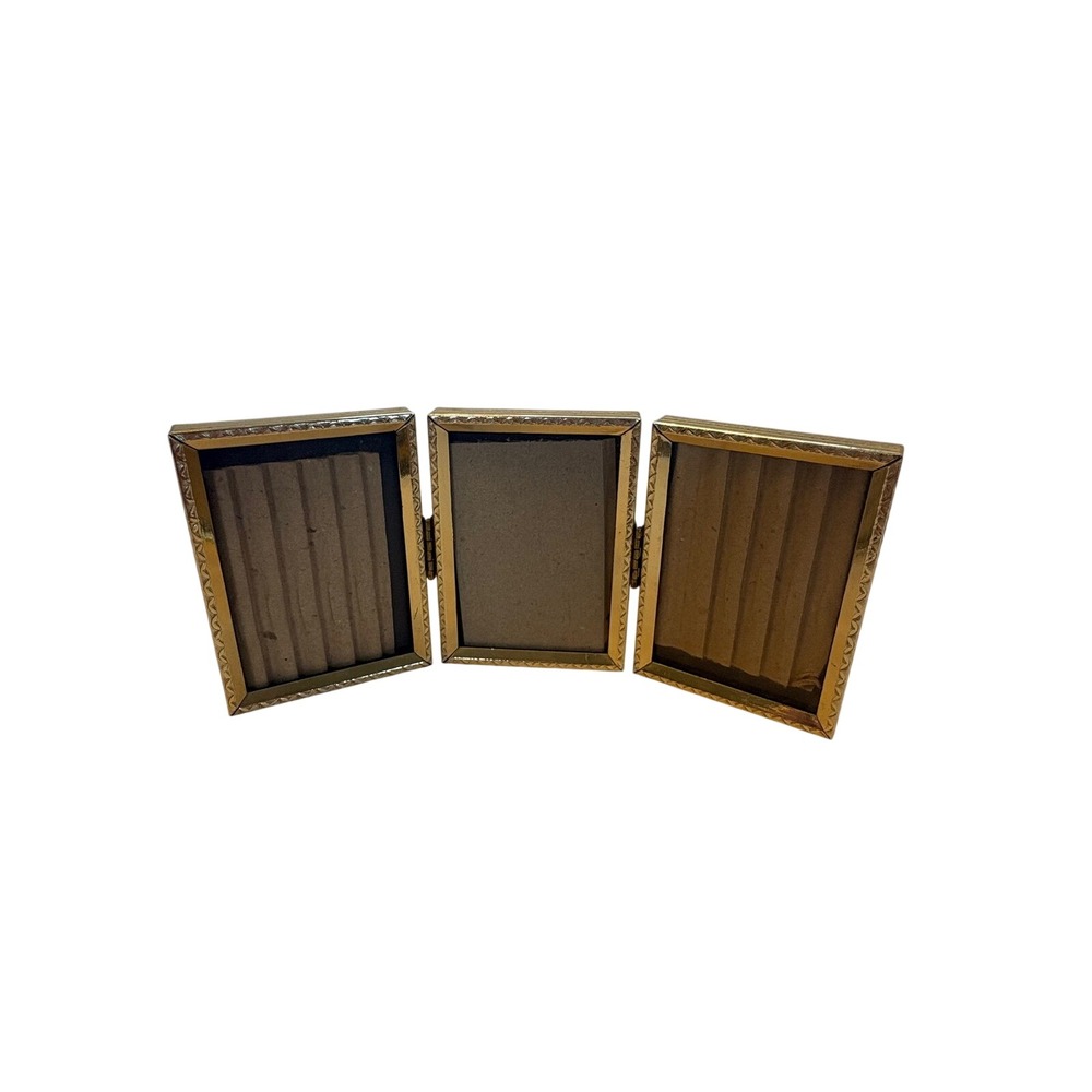 Vintage Gold Tone Metal Triple‎ Folding Picture Frame Etched Triptych 2.5x4.25